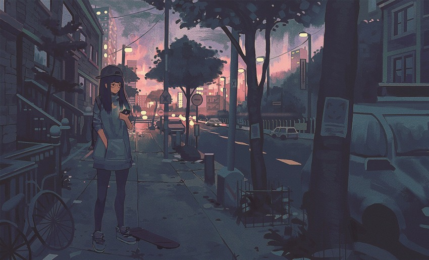 1girl, backwards_hat, bicycle, black-framed_eyewear, black_eyes, black_hair, black_hat, black_pantyhose