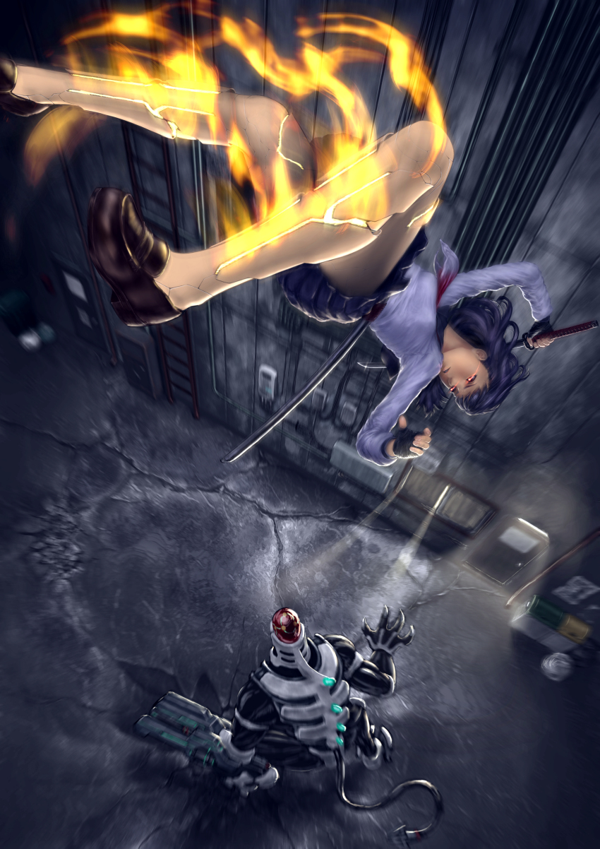 1girl, absurdres, black_gloves, blue_hair, blue_skirt, breasts, crack, cracked_floor