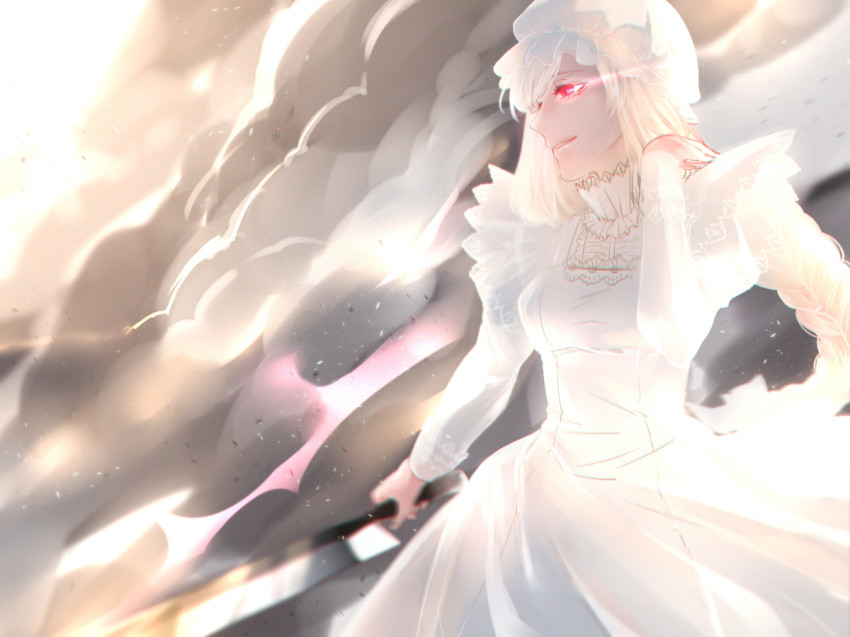 10s, 1girl, bad_id, bad_pixiv_id, blonde_hair, bou_(maimoca501), braid, dress, female_focus, grin, hand_in_own_hair, hat, hataraku_saibou, holding, holding_knife, knife, light, light_trail, long_hair, macrophage, macrophage_(hataraku_saibou), maid, mob_cap, red_eyes, smile, smoke, solo, white_blood_cell, white_dress