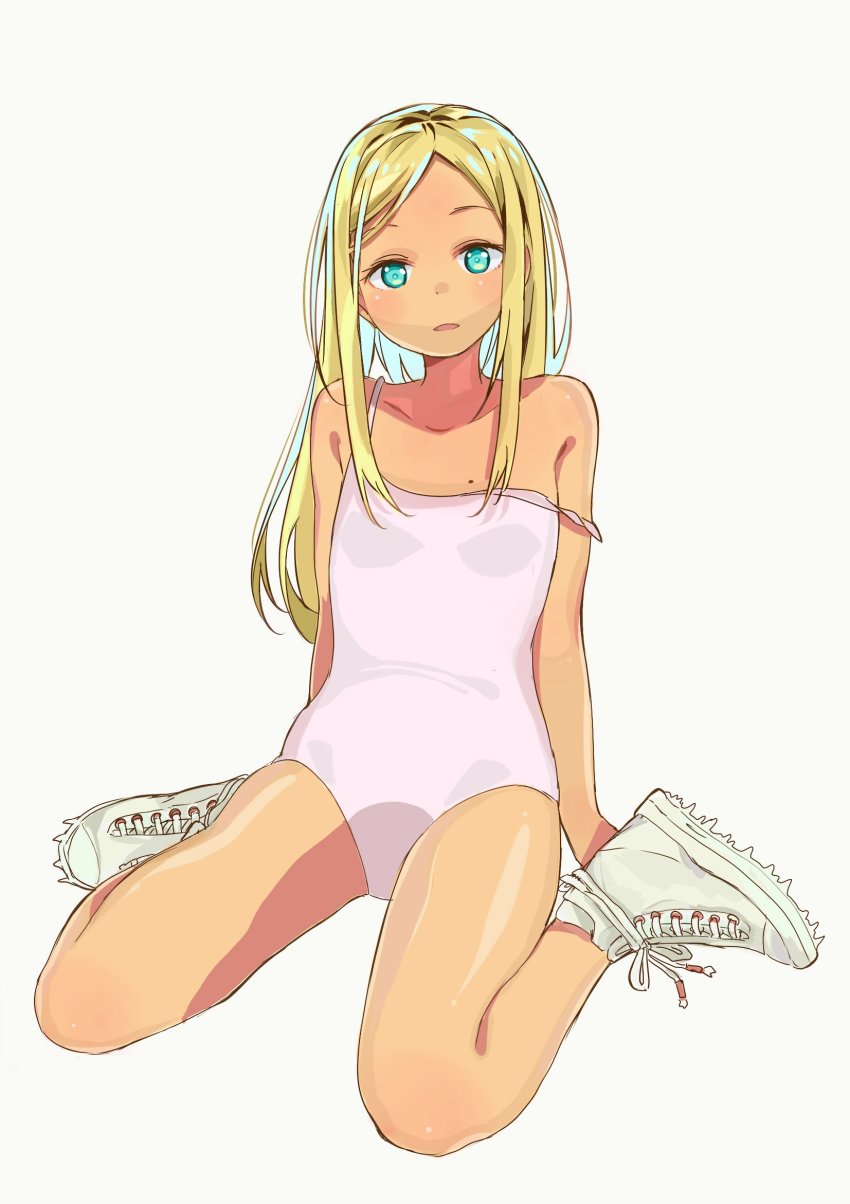 1girl, aqua_eyes, blonde_hair, breasts, collarbone, commentary_request, dark-skinned_female, dark_skin