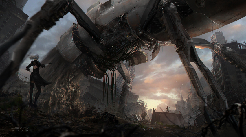 1girl, absurdres, back_cutout, black_dress, building, city, clothing_cutout, cloud, cloudy_sky, dress, feather-trimmed_sleeves, from_behind, gloves, high_heels, highres, machine, mecha, mechanical_legs, ming_yee_sheh, nier_(series), nier:automata, outdoors, polearm, power_lines, rebar, robot, ruins, scenery, science_fiction, signature, sky, skyscraper, thighhighs, vomiting, weapon, white_hair, 2b_(nier:automata)