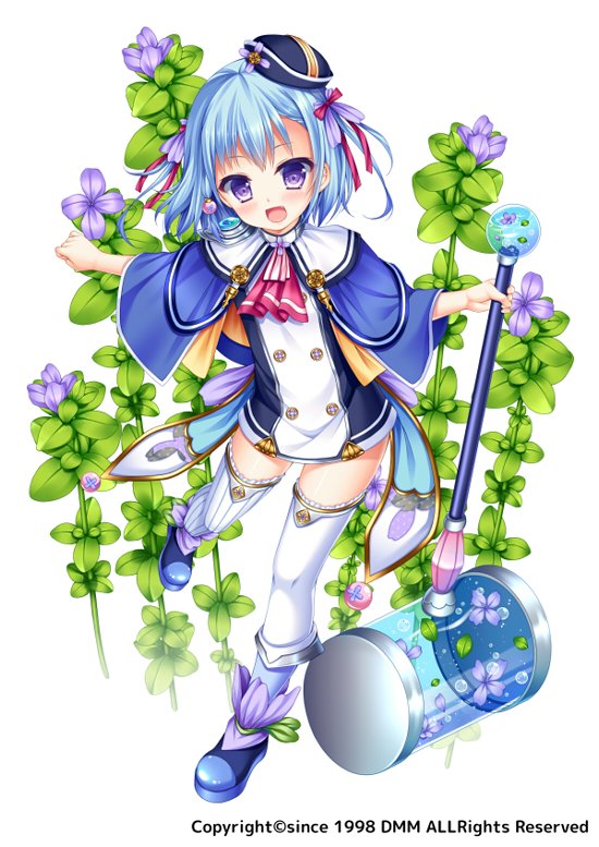 1girl, :d, ascot, black_hat, blue_boots, blue_capelet, blue_hair, boots, capelet, female_focus, flower, flower_knight_girl, full_body, hammer, hat, holding, holding_weapon, knee_boots, looking_at_viewer, miniskirt, mizubakopa_(flower_knight_girl), name_connection, object_namesake, official_art, open_mouth, purple_eyes, shitou, short_hair, skirt, smile, solo, standing, standing_on_one_leg, thighhighs, thighhighs_under_boots, weapon, white_background, white_thighhighs