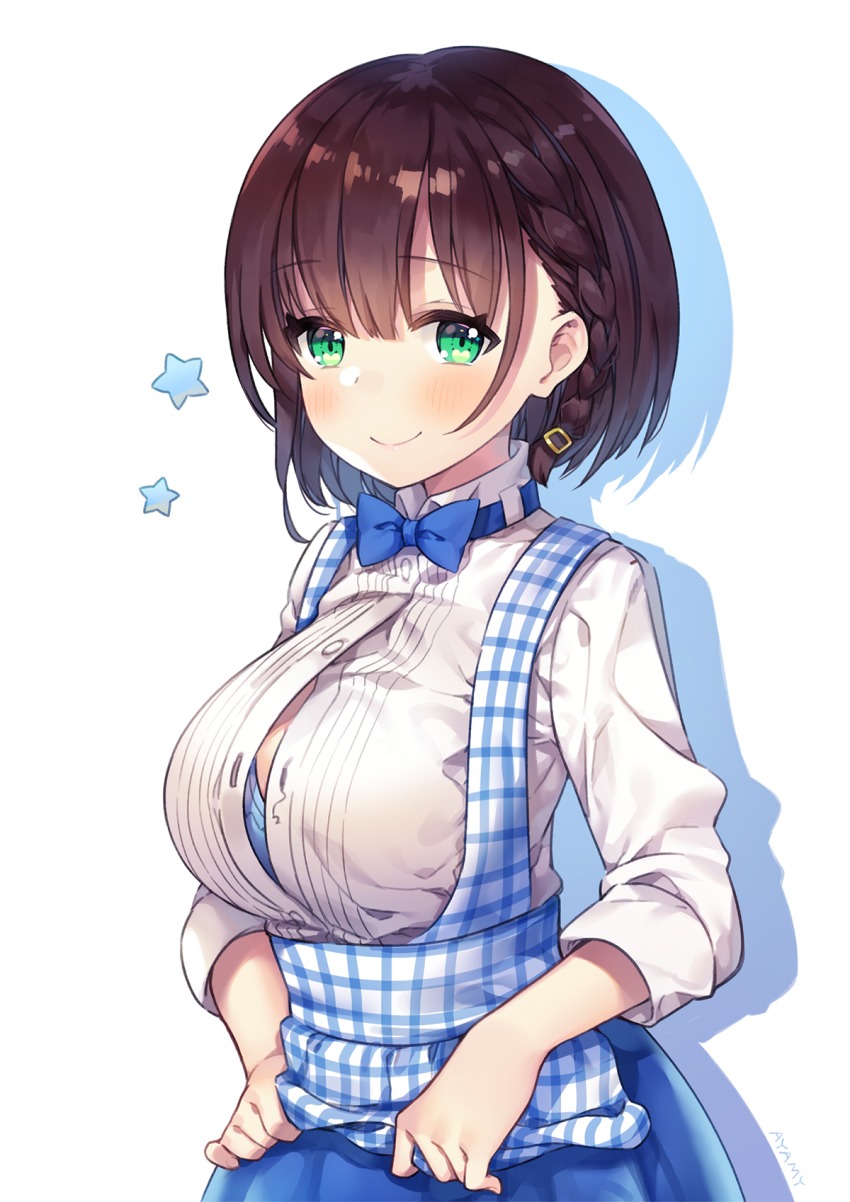 1girl, ai-chan_(tawawa), apron, apron_lift, artist_name, ayami_(annahibi), blue_apron, blue_bow