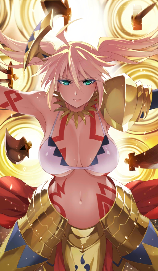 1girl, ahoge, angelica_(fate/kaleid_liner), angelica_ainsworth, angelica_ainsworth_(archer_install), armor, armpits, bikini, bikini_top_only, blonde_hair, cosplay, craft_essence_(fate), fate/grand_order, fate/kaleid_liner_prisma_illya, fate_(series), female_focus, gilgamesh_(fate), gilgamesh_(fate)_(cosplay), gold_armor, jewelry, necklace, official_art, shoulder_armor, solo, swimsuit, sword, tagme, tattoo, twintails, weapon
