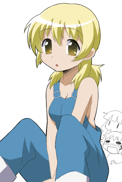 00s, 1girl, bare_shoulders, blonde_hair, breasts, cleavage, female_focus, hidamari_sketch, looking_at_viewer, miyako_(hidamari_sketch), naked_overalls, overalls, simple_background, sitting, solo, white_background, yellow_eyes, yn_(rakugaki_log)
