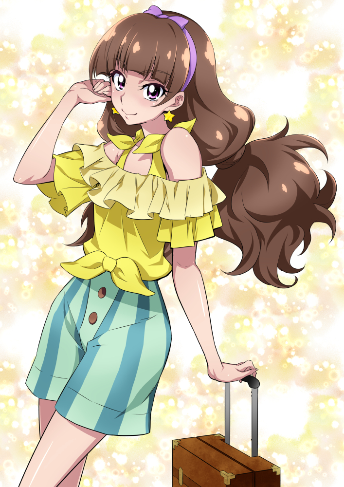 1girl, adjusting_hair, amanogawa_kirara, arm_support, bare_shoulders, blouse, brown_hair, closed_mouth