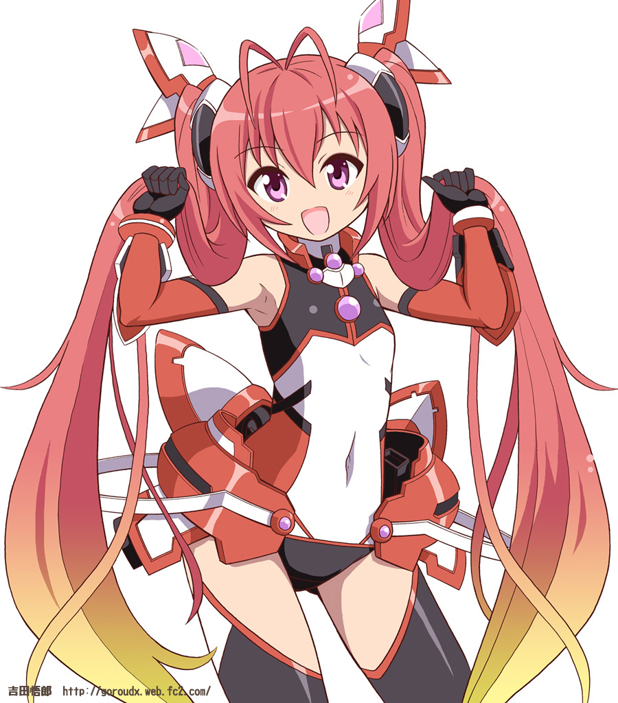 1girl, antenna_hair, armor, armpits, bare_shoulders, black_thighhighs, cowboy_shot, faulds, female_focus, flat_chest, from_side, gem, gloves, gorget, gradient_hair, hair_between_eyes, hair_ribbon, halterneck, holding, holding_own_hair, legs_apart, leotard, long_hair, looking_at_viewer, mitsuka_souji, multicolored_hair, open_mouth, ore_twintail_ni_narimasu, parted_bangs, purple_eyes, purple_gem, red_hair, ribbon, simple_background, smile, solo, standing, tailred, thighhighs, twintails, very_long_hair, watermark, web_address, yoshida_gorou