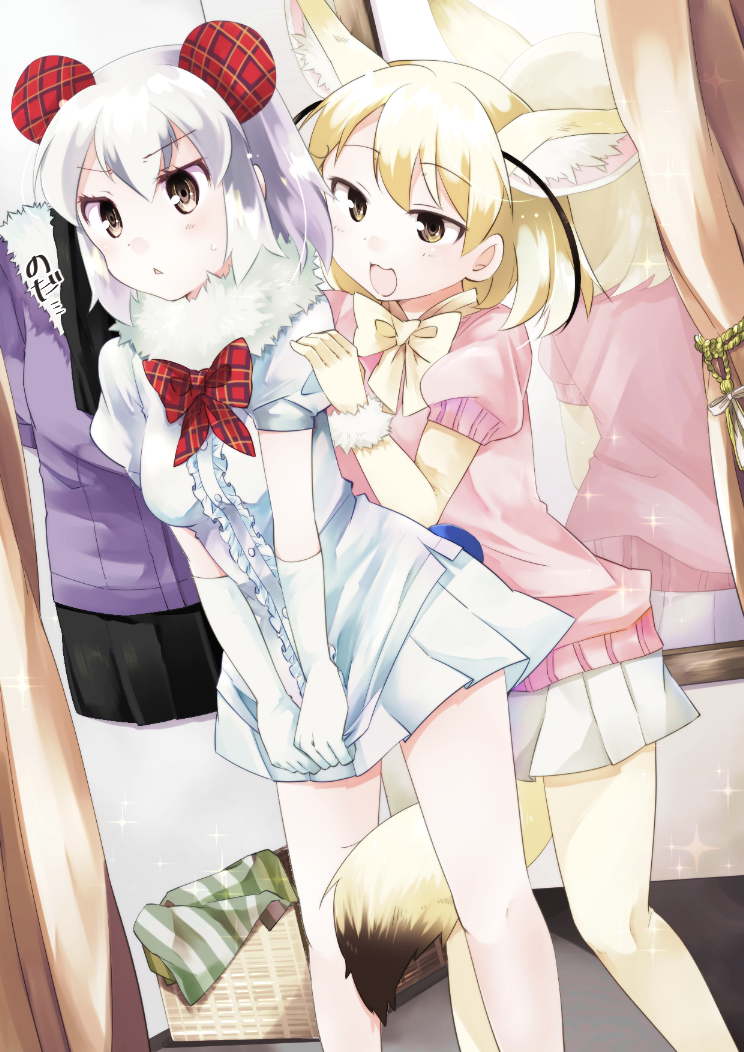 10s, 2girls, :3, alternate_costume, alternate_hair_color, alternate_headwear, animal_ear_fluff, animal_ears