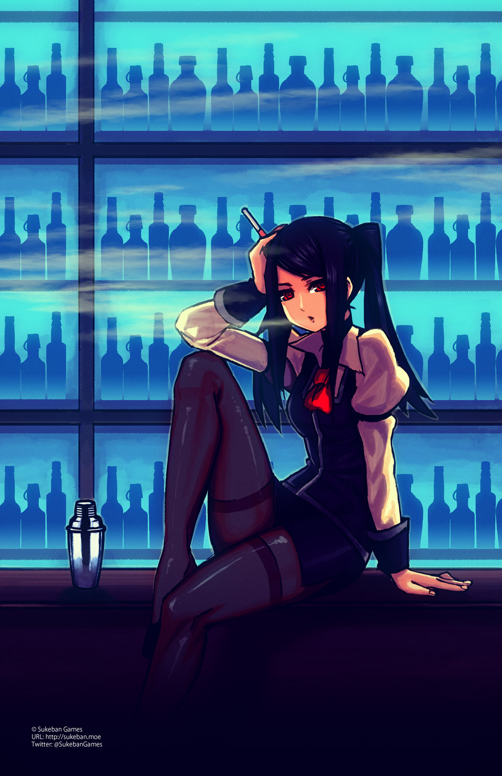 1girl, arm_support, bar_(place), bartender, black_hair, black_pantyhose, black_shoes, black_skirt