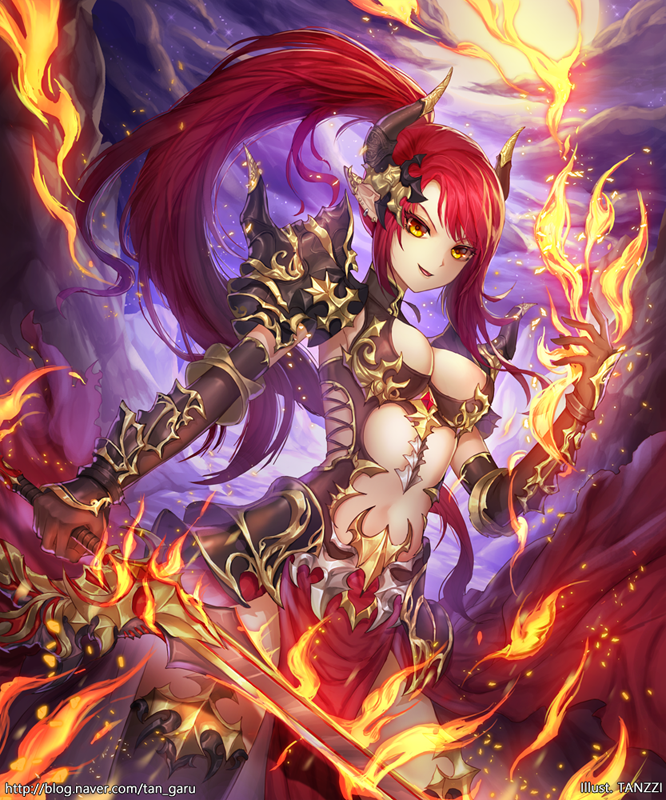 1girl, armor, artist_name, black_legwear, breasts, cleavage, demon_horns, fire
