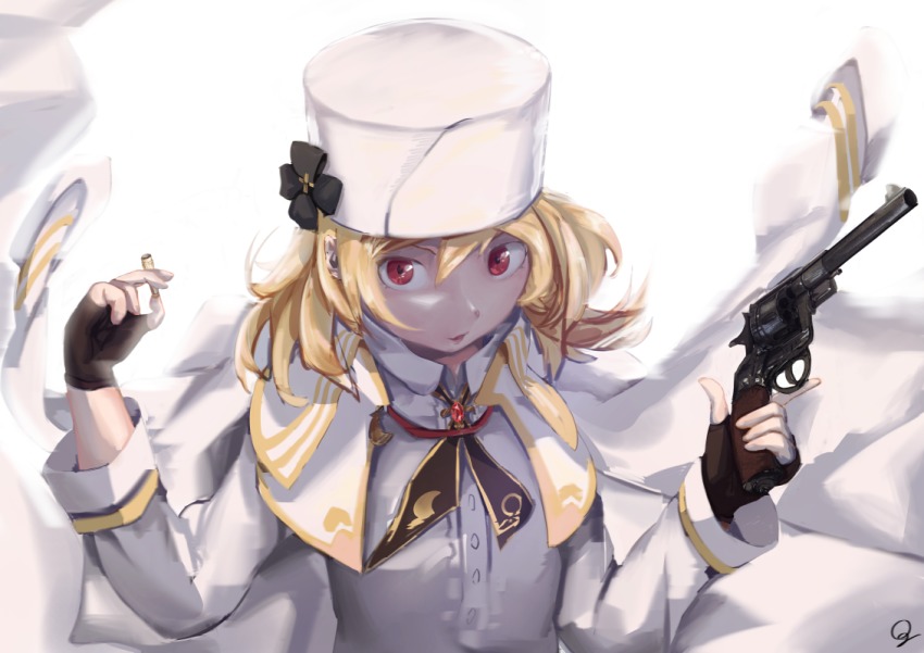 1girl, 7.62x38mmr, ammunition, ascot, black_bow, blonde_hair, bow, bullet