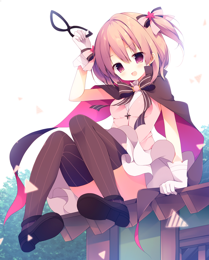 1girl, :d, arm_support, arm_up, black_bow, black_cape, black_shoes, black_thighhighs