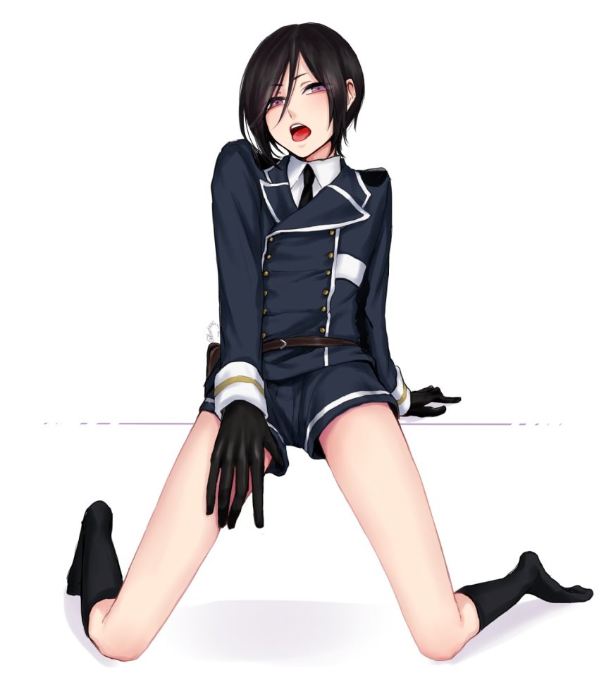 10s, 1boy, bad_id, bad_twitter_id, black_gloves, black_hair, black_socks, bota_(tsuboyan), buttons, double-breasted, gloves, hand_on_own_thigh, highres, legs, looking_at_viewer, male_focus, military, military_uniform, necktie, open_mouth, pale_skin, purple_eyes, shorts, simple_background, socks, solo, tongue, tongue_out, touken_ranbu, white_background, yagen_toushirou