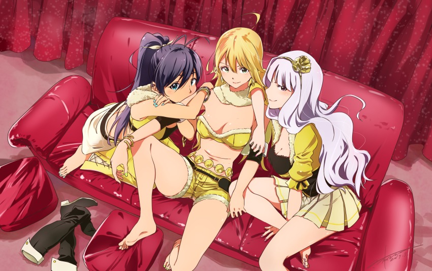 3girls, absurdres, ahoge, akane_(getwild23), antenna_hair, barefoot, beyond_the_nobles, beyond_the_vibes, beyond_the_wishes, black_hair, blonde_hair, bracelet, couch, feet, ganaha_hibiki, girl_sandwich, hairband, highres, hoshii_miki, idolmaster, idolmaster_(classic), jewelry, long_hair, looking_at_viewer, multiple_girls, navel, ponytail, sandwiched, shijou_takane, shorts, silver_hair, sitting, skirt, smile, soles, spread_legs, toes