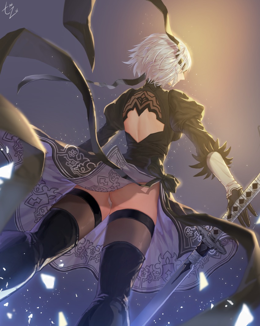 1girl, 2b_(nier:automata), artist_name, ass, back_cutout, bad_perspective, black_dress, black_gloves, black_legwear, clothing_cutout, dress, female_focus, from_behind, from_below, gloves, highres, nier:automata, nier_(series), panties, pantyshot, solo, standing, sword, tanzzi, underwear, weapon, white_hair