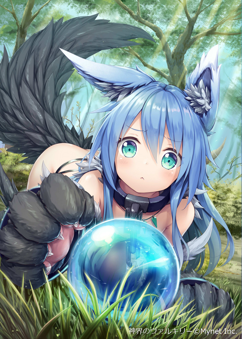 1girl, :<, akkijin, all_fours, animal_ears, animal_hands, ass, blue_hair