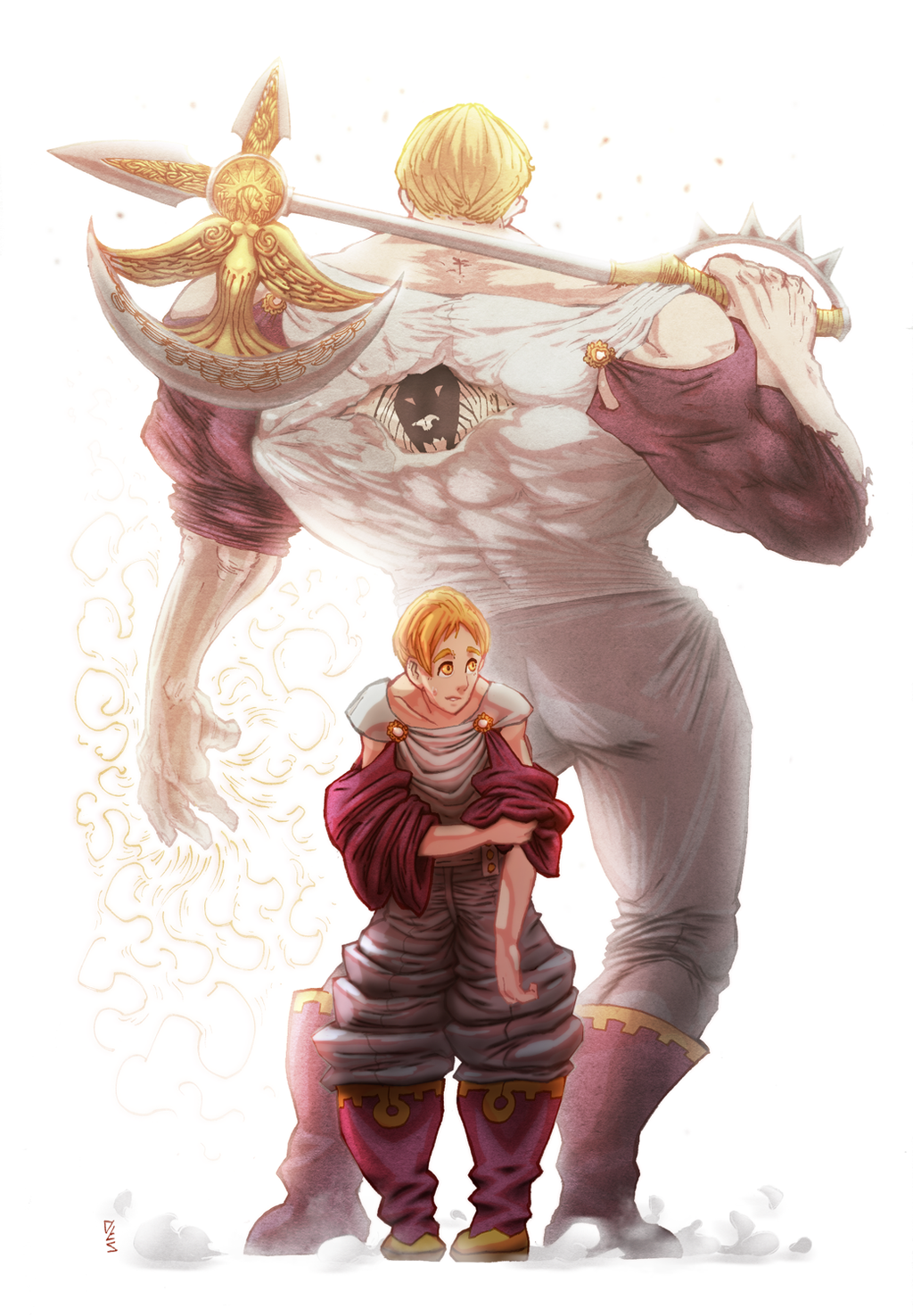 10s, 2boys, axe, baggy_clothes, baggy_pants, blonde_hair, desorienter, escanor, facing_away, facing_viewer, highres, hand_on_own_arm, lion, multiple_boys, muscular, nanatsu_no_taizai, over_shoulder, pants, short_hair, weapon, weapon_over_shoulder, yellow_eyes