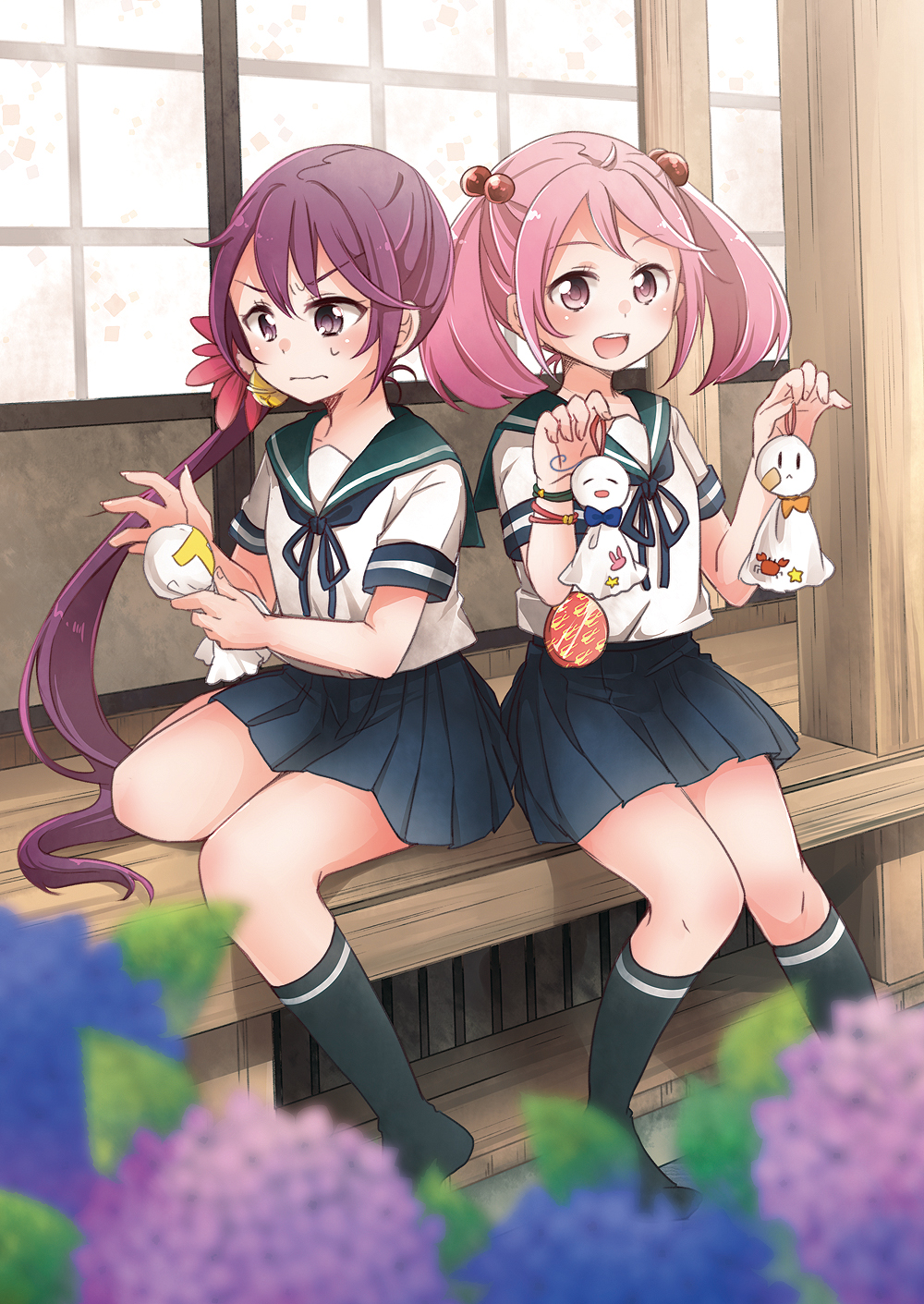 10s, 2girls, akebono_(kancolle), badge, bell, black_socks, blue_skirt, flower