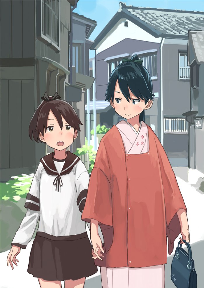 10s, 2girls, adapted_costume, architecture, bag, black_hair, bow, brown_hair, building, east_asian_architecture, hair_bow, holding_hands, handbag, high_ponytail, houshou_(kancolle), japanese_house, kantai_collection, long_sleeves, looking_at_another, matsutani, michiyuki, multiple_girls, open_mouth, outdoors, pleated_skirt, ponytail, road, sailor_collar, school_uniform, serafuku, shikinami_(kancolle), skirt, smile, standing, street, walking