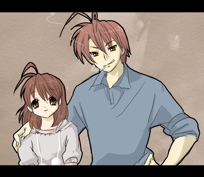 00s, age_difference, antenna_hair, bad_id, bad_pixiv_id, brown_eyes, brown_hair, cigarette, clannad, father_and_child, father_and_daughter, furukawa_akio, furukawa_nagisa, mayuka, parent_and_child, short_hair