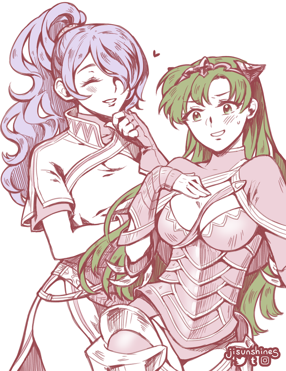 2girls, armor, black_armor, blue_eyes, blush, breasts, camilla_(fire_emblem), camilla_(fire_emblem)_(cosplay), cleavage, cosplay, costume_switch, dress, fire_emblem, fire_emblem:_the_blazing_blade, fire_emblem_fates, fire_emblem_heroes, gloves, green_hair, hair_over_one_eye, highres, large_breasts, liefe, lips, long_hair, lyn_(fire_emblem), lyn_(fire_emblem)_(cosplay), multiple_girls, nintendo, open_mouth, ponytail, purple_hair, smile, tiara, very_long_hair, wavy_hair