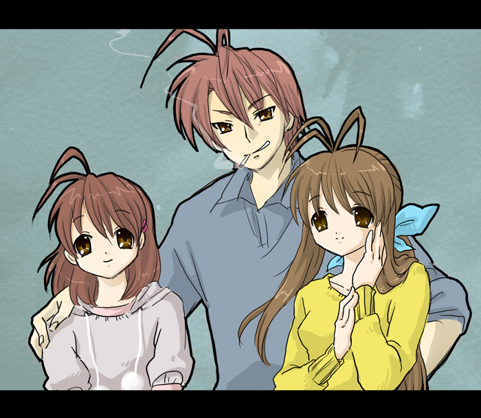 00s, antenna_hair, brown_eyes, brown_hair, cigarette, clannad, family, father_and_child, father_and_daughter, furukawa_akio, furukawa_nagisa, furukawa_sanae, long_hair, mayuka, mother_and_child, mother_and_daughter, parent_and_child, short_hair