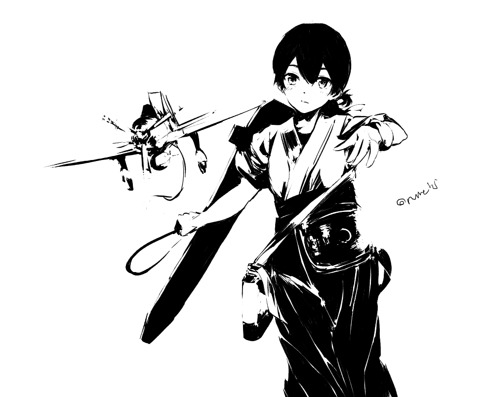 10s, 1girl, aircraft, airplane, female_focus, flight_deck, folded_ponytail, greyscale