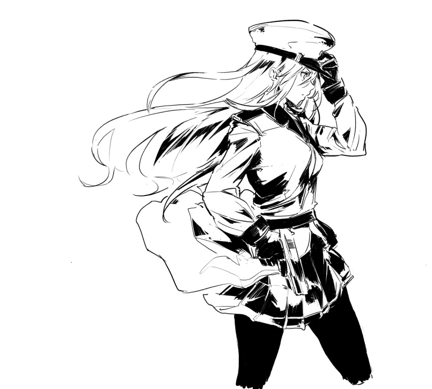 10s, 1girl, female_focus, from_side, gangut_(kancolle), gloves, greyscale, gun, hand_on_headwear, handgun, hat, holding, holding_gun, holding_weapon, jacket, kantai_collection, miniskirt, monochrome, pantyhose, peaked_cap, pistol, pleated_skirt, rureizi, skirt, solo, trigger_discipline, weapon