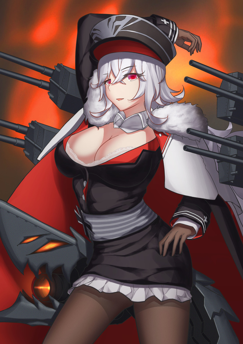 1girl, absurdres, azur_lane, black_dress, bra, breasts, brown_gloves, brown_pantyhose, cannon, cleavage, coat, cross, detached_collar, dress, female_focus, fur_coat, gloves, graf_zeppelin_(azur_lane), graf_zeppelin_(bilan_hangxian), hair_between_eyes, hat, highres, iron_cross, jacket, jacket_on_shoulders, large_breasts, long_hair, looking_at_viewer, military, military_uniform, pantyhose, peaked_cap, pink_eyes, sasa_(asaryi), sash, short_dress, solo, underwear, white_hair