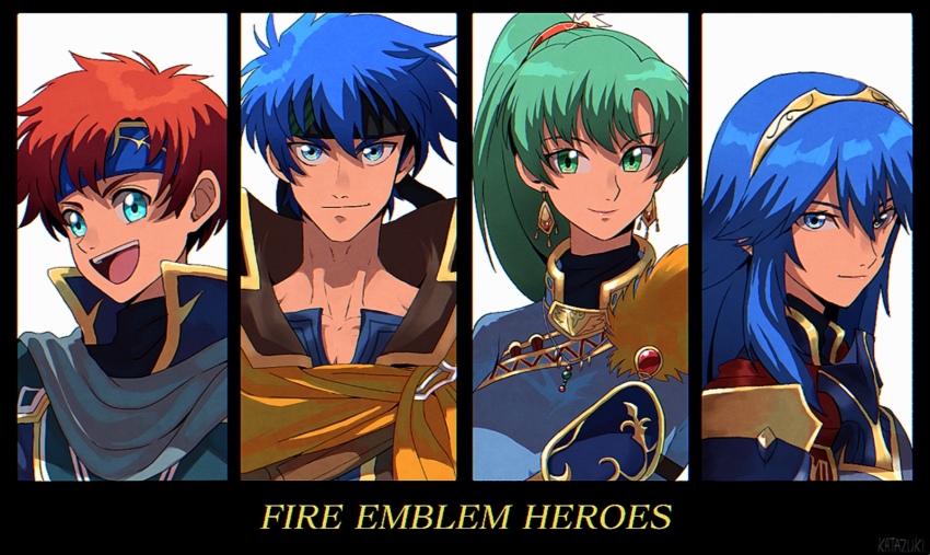 2boys, 2girls, armor, blue_eyes, blue_hair, cape, cosplay, eliwood_(fire_emblem), eliwood_(fire_emblem)_(cosplay), fire_emblem, fire_emblem:_path_of_radiance, fire_emblem:_the_binding_blade, fire_emblem:_the_blazing_blade, fire_emblem_awakening, fire_emblem_heroes, green_eyes, green_hair, greil, greil_(cosplay), headband, high_ponytail, highres, ike_(brave_mercenary)_(fire_emblem), ike_(fire_emblem), katao_smth, long_hair, lucina_(brave_princess)_(fire_emblem), lucina_(fire_emblem), lyn_(brave_lady)_(fire_emblem), lyn_(fire_emblem), multiple_boys, multiple_girls, nintendo, ponytail, red_hair, roy_(brave_lion)_(fire_emblem), roy_(fire_emblem), short_hair, smile, tiara