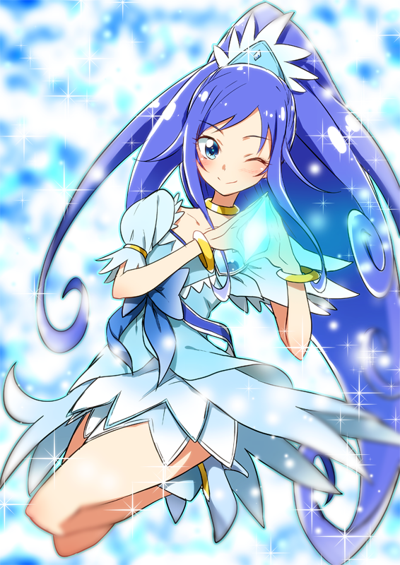 bangle, blue_dress, blue_eyes, blue_hair, blush, bracelet, brooch, choker