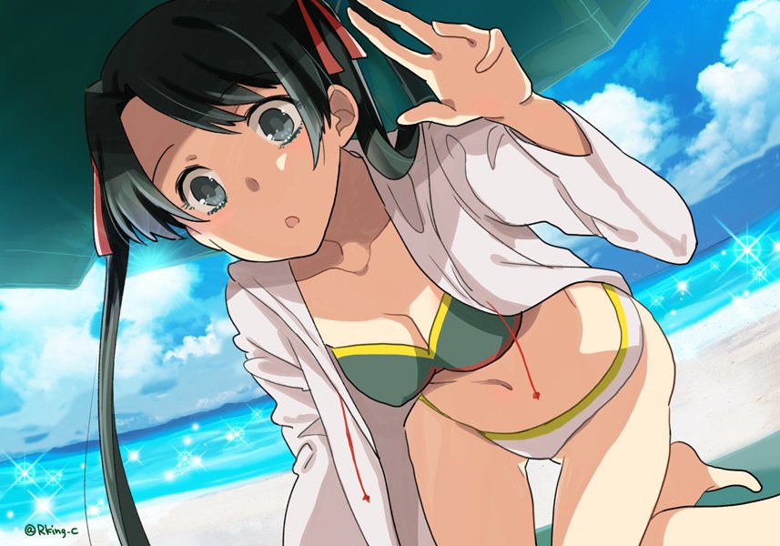 10s, 1girl, :o, alternate_costume, beach, bikini, breasts, cleavage