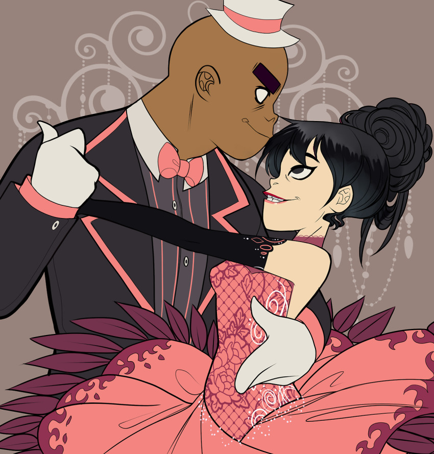 1boy, 1girl, alternate_hairstyle, breasts, dark_skin, dress, elbow_gloves, gloves