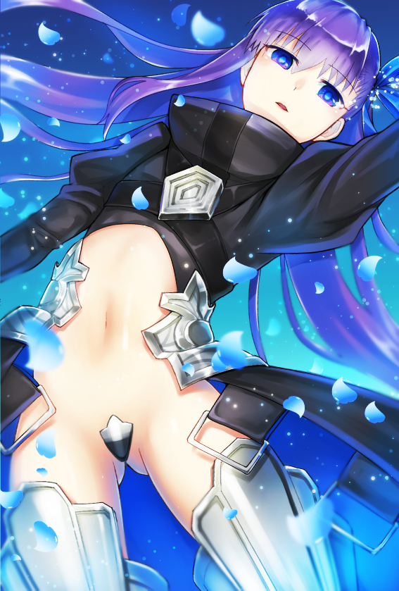 10s, 1girl, armor, armored_boots, black_jacket, blue_bow, blue_eyes, blue_hair
