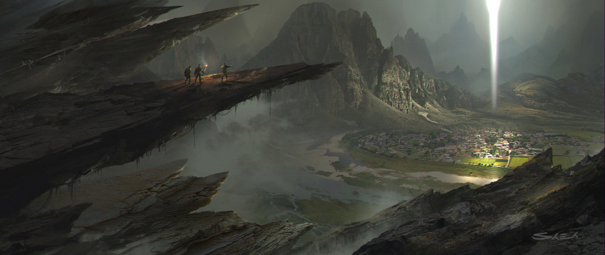 3boys, city, cliff, fog, highres, landscape, light, male_focus