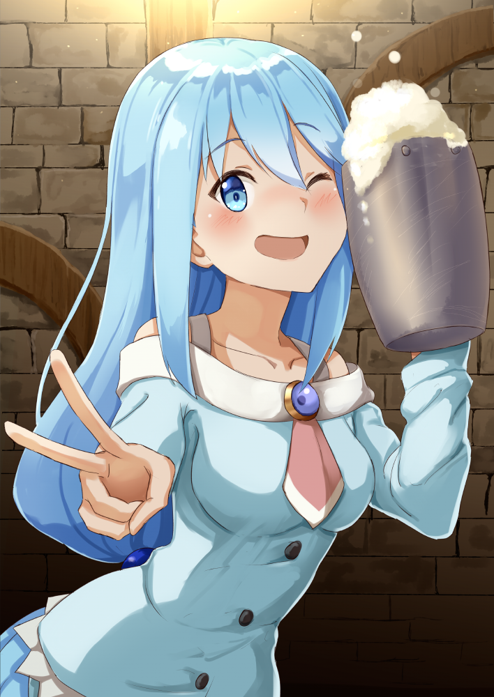 1girl, ame., aqua_(konosuba), beer_mug, blue_eyes, blue_hair, blush, brick_wall