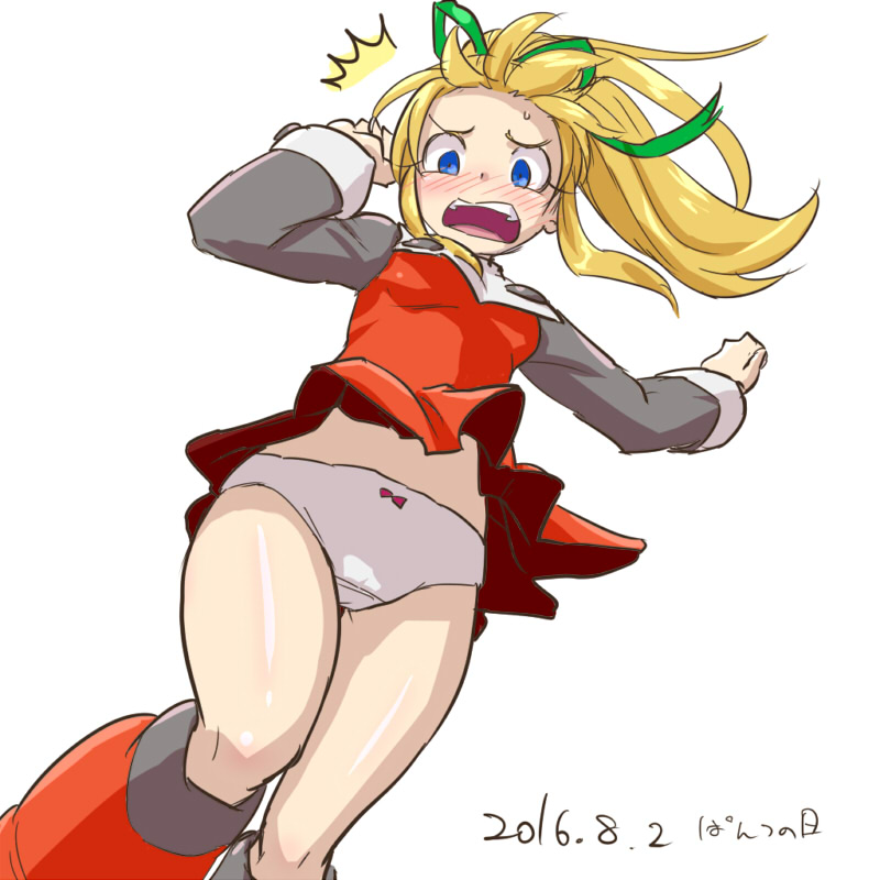 1girl, ^^^, black_shirt, blonde_hair, blush, boots, bow, bow_panties, breasts, clothes_lift, commentary_request, dated, dress, dress_lift, embarrassed, female_focus, from_below, green_ribbon, hair_ribbon, knee_boots, kurowasagi, long_hair, long_sleeves, looking_at_viewer, mega_man_(classic), mega_man_(series), nose_blush, open_mouth, panties, panties_day, pantyshot, ponytail, red_boots, red_dress, ribbon, roll_(mega_man), shirt, sidelocks, simple_background, sketch, small_breasts, solo, standing, teeth, undershirt, underwear, white_background, white_panties, wind, wind_lift