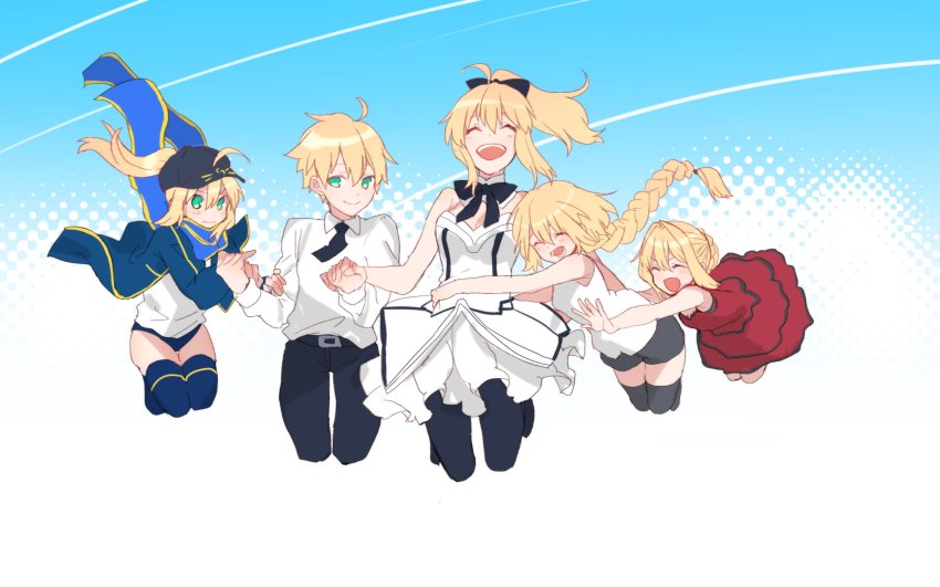 10s, 1boy, 4girls, aged_down, ahoge, arthur_pendragon_(fate), artoria_pendragon_(fate), bad_id