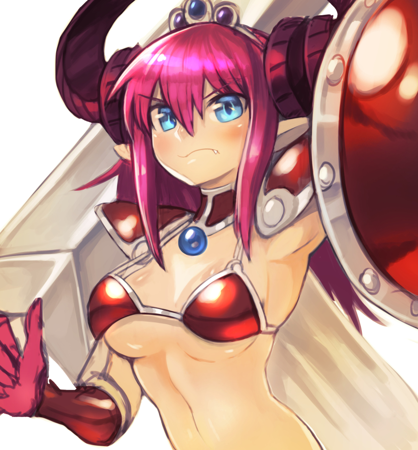 >:s, 10s, 1girl, :s, alternate_breast_size, armpits, bikini, bikini_top_only, blue_eyes, blush, breasts, cape, closed_mouth, commentary, detached_collar, elbow_gloves, elizabeth_bathory_(brave)_(fate), elizabeth_bathory_(fate), fang, fang_out, fate/extra, fate/extra_ccc, fate_(series), female_focus, gem, gloves, hair_between_eyes, highres, holding, holding_shield, horns, huge_weapon, jewelry, long_hair, looking_at_viewer, loose_bikini, medium_breasts, pink_gloves, pink_hair, red_bikini, shield, sidelocks, signature, simple_background, sketch, solo, sookmo, swimsuit, sword, tiara, upper_body, v-shaped_eyebrows, weapon, white_background, white_cape