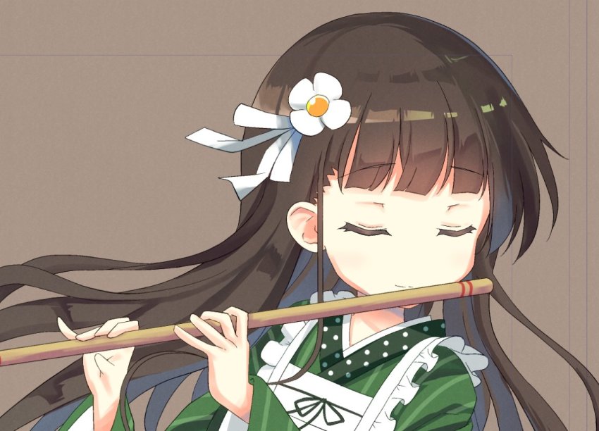 1girl, ama_usa_an_uniform, apron, blunt_bangs, brown_background, brown_hair, closed_eyes, commentary_request