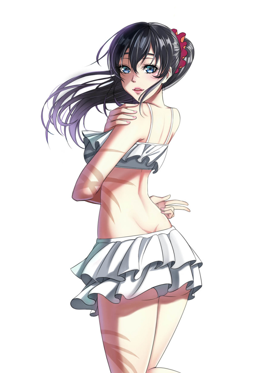 1girl, ass, back, ballroom_e_youkoso, bikini, black_hair, blue_eyes, eyelashes, female_focus, frilled_bikini, frills, hair_between_eyes, hanaoka_shizuku, highres, jpeg_artifacts, lips, long_hair, looking_at_viewer, looking_back, nail_polish, parted_lips, pink_lips, pink_nails, ponytail, self_hug, solo, swimsuit, white_bikini, wind, xiao_gen