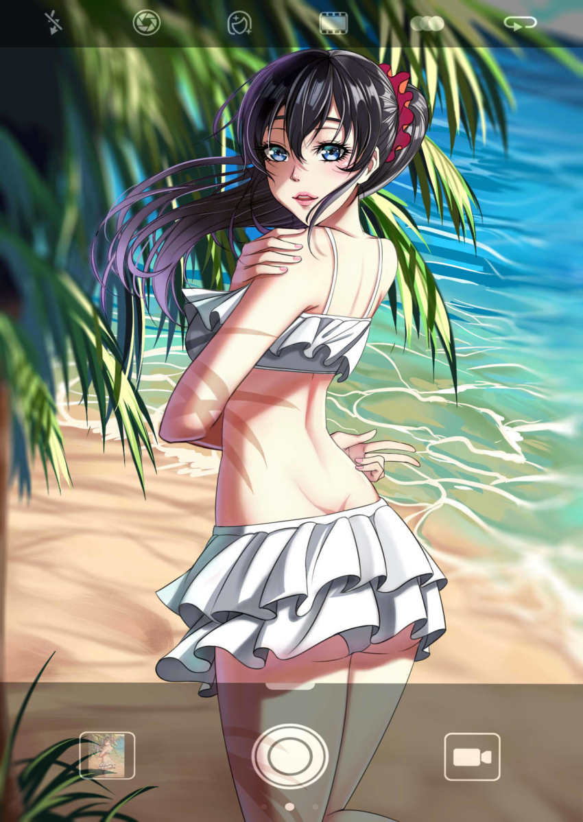 1girl, ass, back, ballroom_e_youkoso, beach, bikini, black_hair, blue_eyes