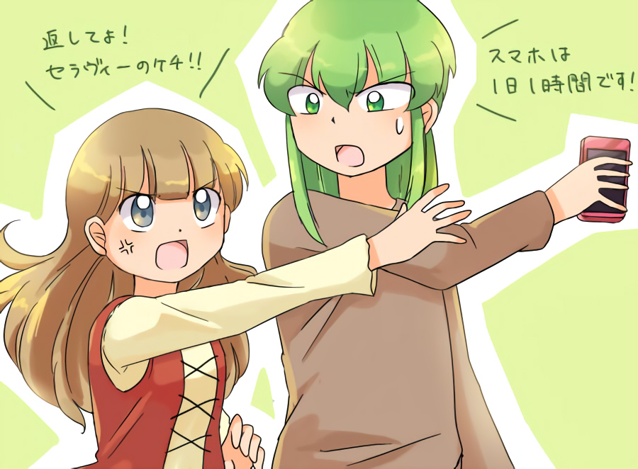 1990s_(style), akazukin_chacha, cellphone, doris, green_hair, phone, seravi, smartphone