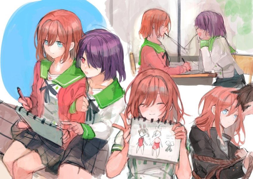 10s, 2girls, aged_down, anzu_(ensemble_stars!), black_hair, blue_eyes, brown_hair, crossdressing