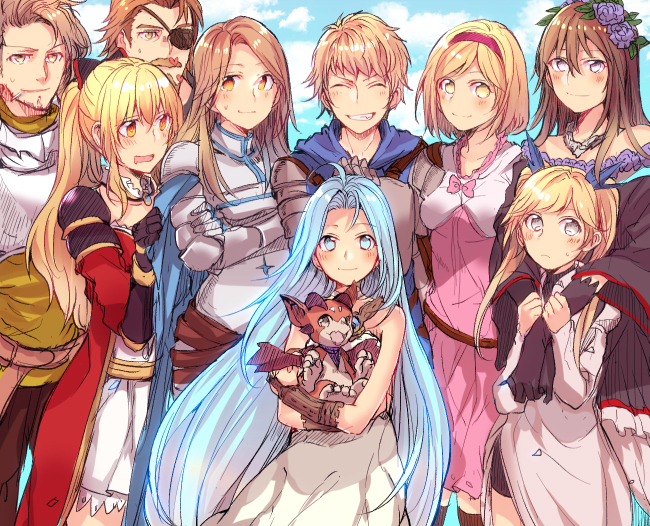 3boys, 6+girls, ^_^, ahoge, armor, bad_id, bad_pixiv_id, bare_shoulders, beard, blonde_hair, blue_eyes, blue_hair, bow, brown_hair, cigarette, closed_eyes, crossed_arms, djeeta_(granblue_fantasy), dragon, dress, eugene_(granblue_fantasy), eyepatch, facial_hair, flower, gauntlets, gran_(granblue_fantasy), granblue_fantasy, grin, hair_bow, hair_flower, hair_ornament, hair_ribbon, hug, hug_from_behind, io_(granblue_fantasy), katalina_(granblue_fantasy), long_hair, looking_at_viewer, lyria_(granblue_fantasy), mikan-uji, multiple_boys, multiple_girls, mustache, orange_eyes, pink_dress, ponytail, rackam_(granblue_fantasy), ribbon, rosetta_(granblue_fantasy), short_hair, smile, twintails, vyrn_(granblue_fantasy), vira_(granblue_fantasy), white_dress, yellow_eyes