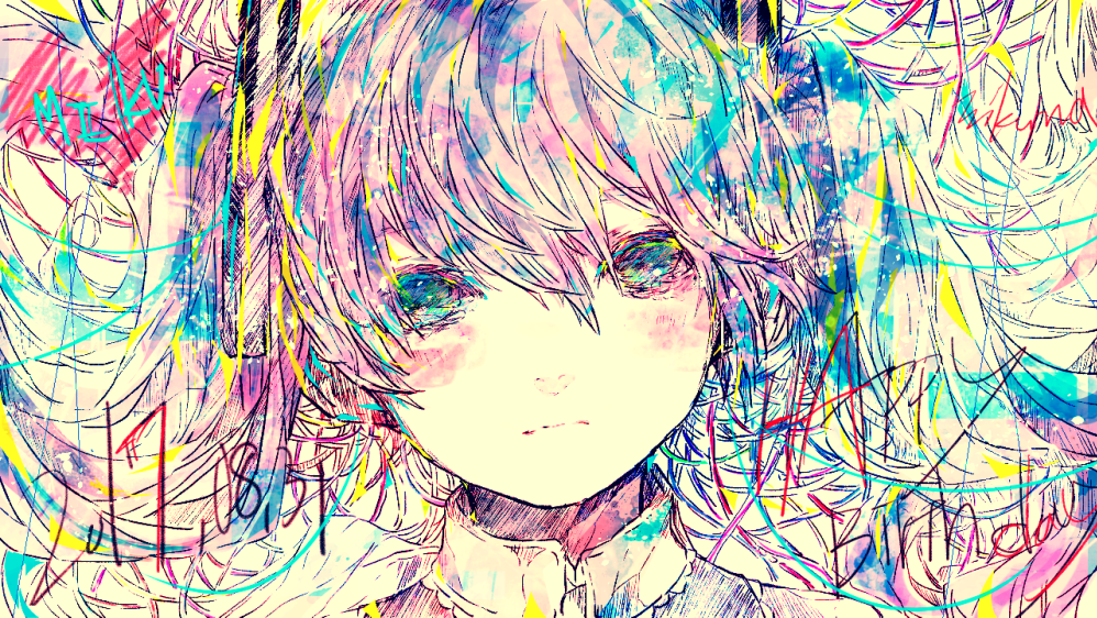 1girl, 3kuma, aqua_eyes, aqua_hair, blush, character_name, colorful, female_focus