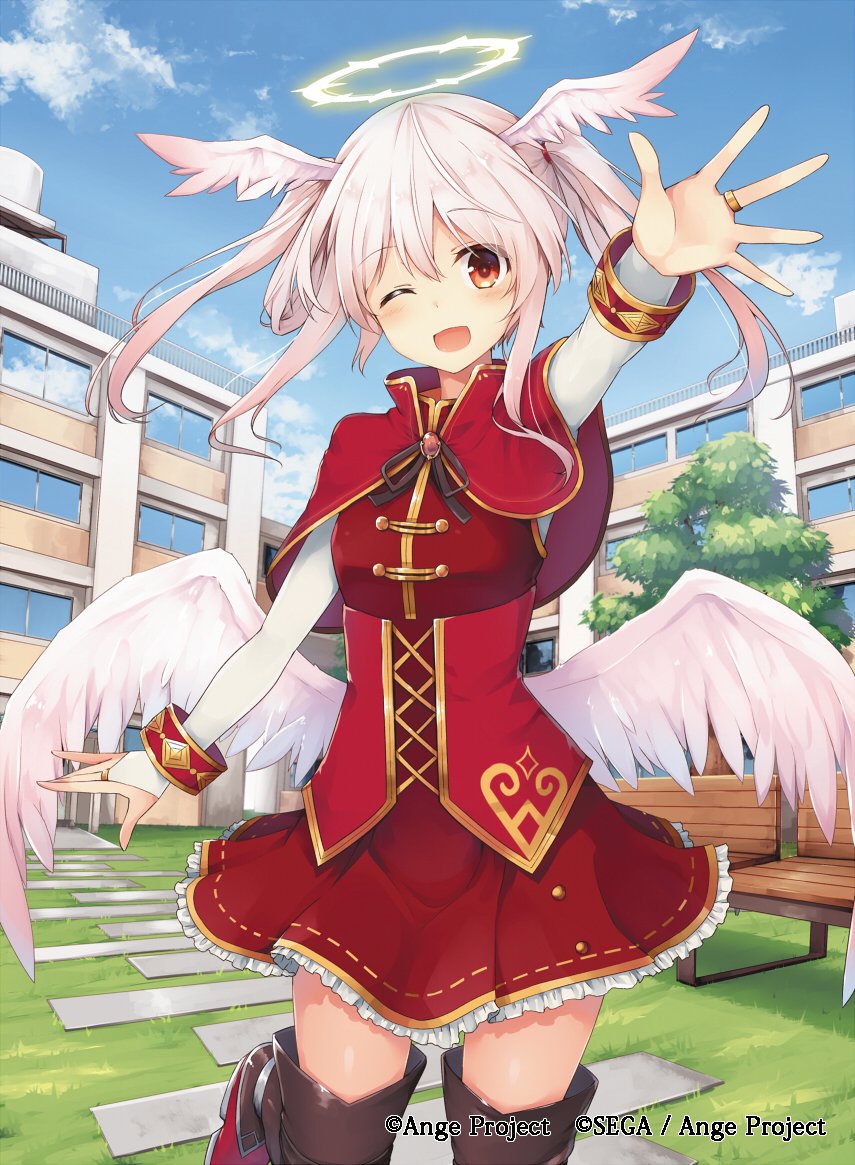 1girl, ;d, ange_vierge, arm_up, bench, blue_sky, boots, bracelet