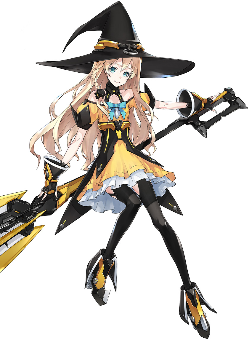 1girl, bare_shoulders, black_gloves, blonde_hair, blue_eyes, boots, braid, dress