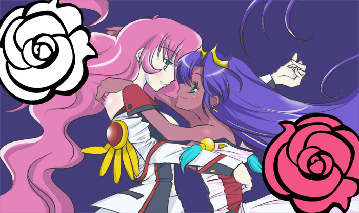 2girls, aiguillette, bad_id, bad_pixiv_id, blue_eyes, blush, dark-skinned_female, dark_skin, epaulettes, female_focus, flower, green_eyes, himemiya_anthy, jou_(miruge), jou_(pixiv280897), kannazuki_no_miko, long_hair, miko_embrace, multiple_girls, parody, pink_hair, purple_hair, shoujo_kakumei_utena, shoujo_kakumei_utena_adolescence_mokushiroku, tenjou_utena, undressing, uniform, very_long_hair, yuri