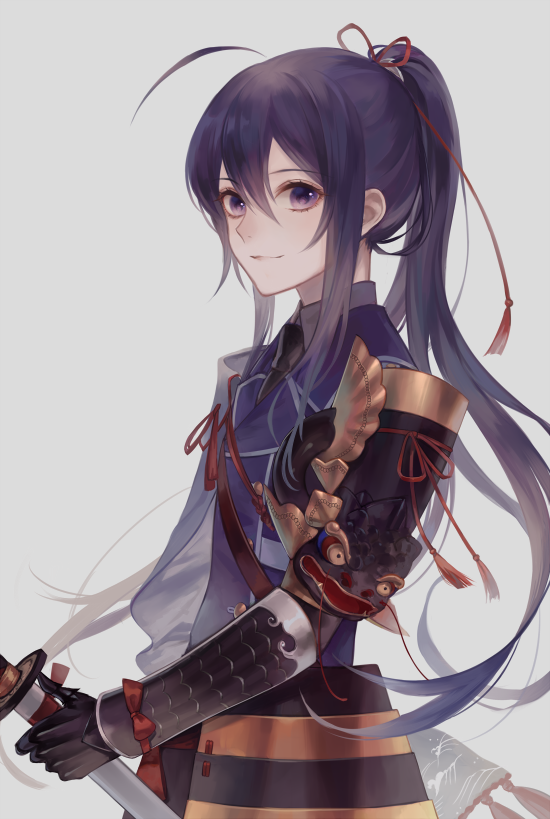 10s, 1boy, ahoge, armor, black_hair, high_ponytail, japanese_armor, kiwame_(touken_ranbu)